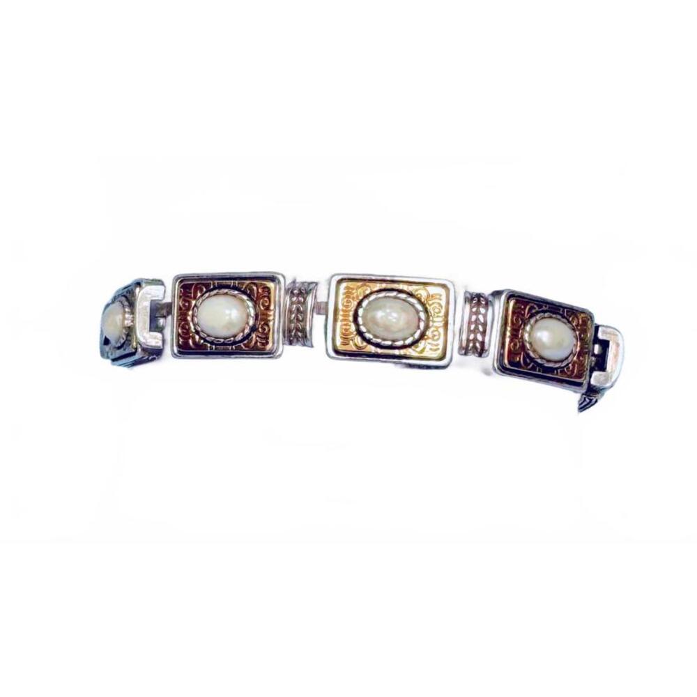Brighton Two Tone Scrolled Engraved Faux Pearl Cabochon Bracelet